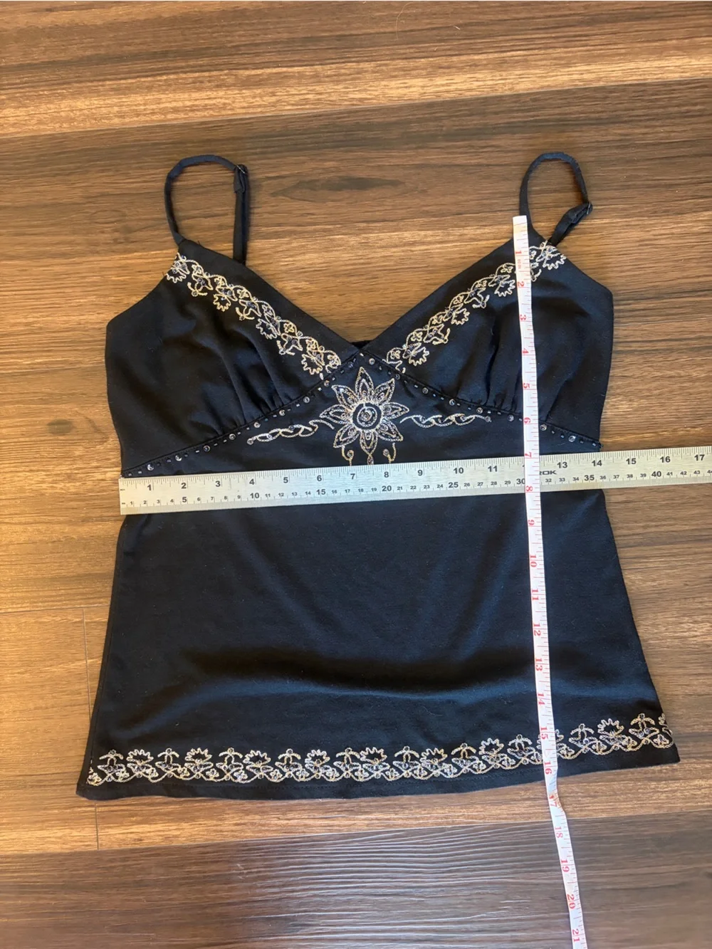 Vintage Y2K Black Linen Tank with Silver beaded and embroidered medallion design - Picture 10 of 14